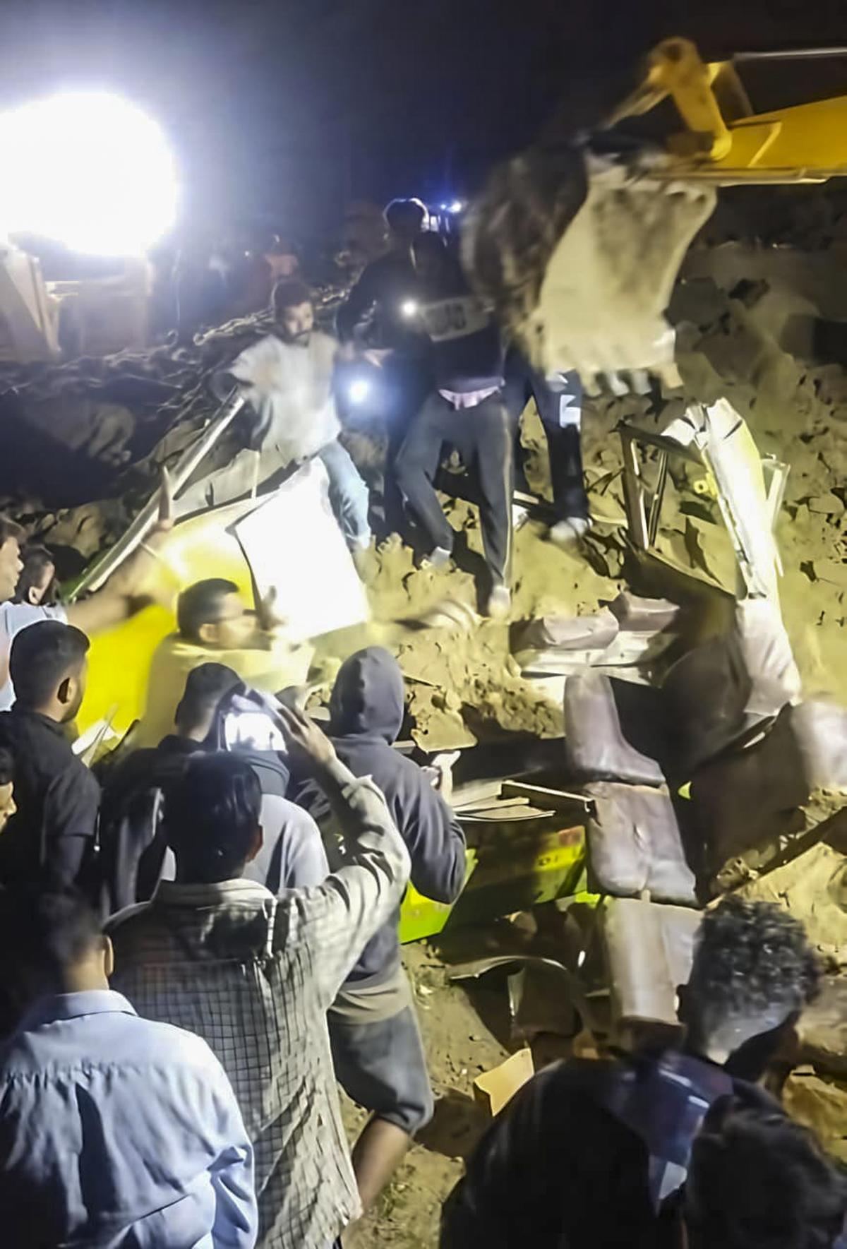 Rescue operation are under way after a landslip hit a bus in Bilaspur, Himachal Pradesh on October 7, 2025. Rescue operation are under way after a landslip hit a bus in Bilaspur, Himachal Pradesh on October 7, 2025.