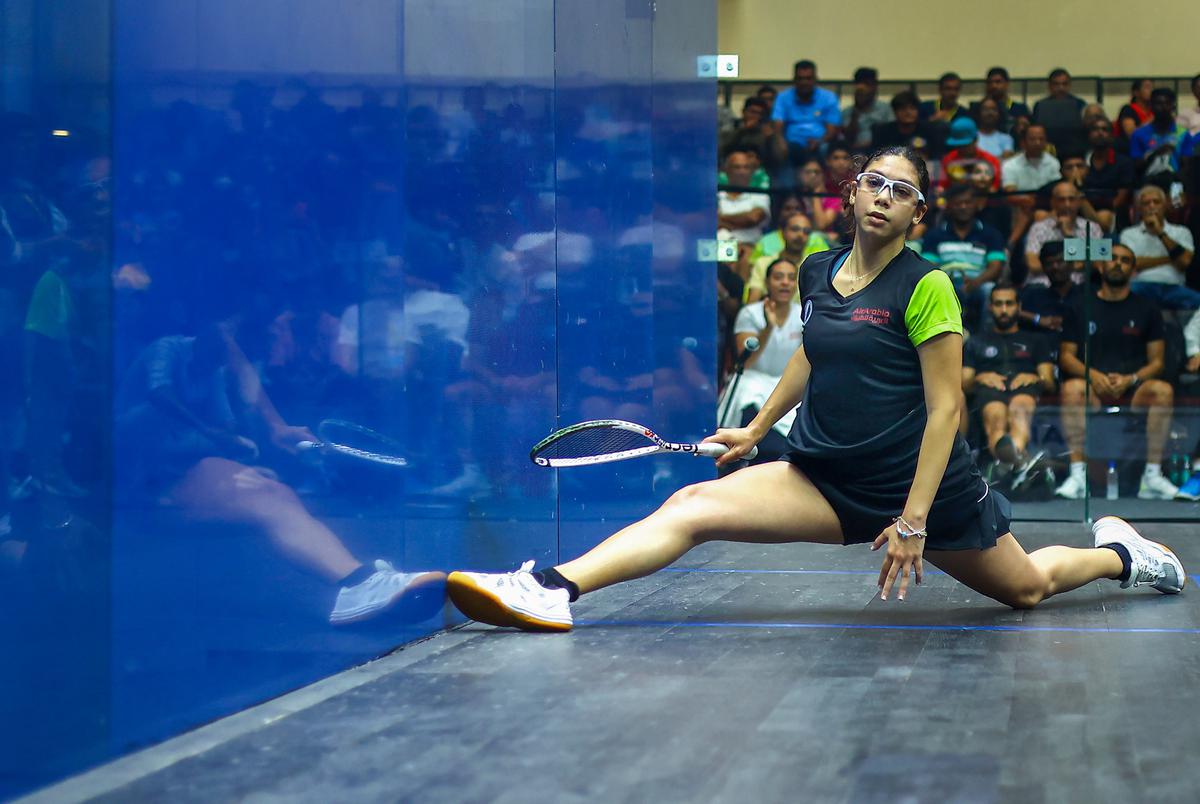 Egypt’s Fayrouz Abouelkheir in action during their team final match, at World Squash Federation (WSF) World Cup 2023, in Chennai, Saturday, June 17, 2023. 