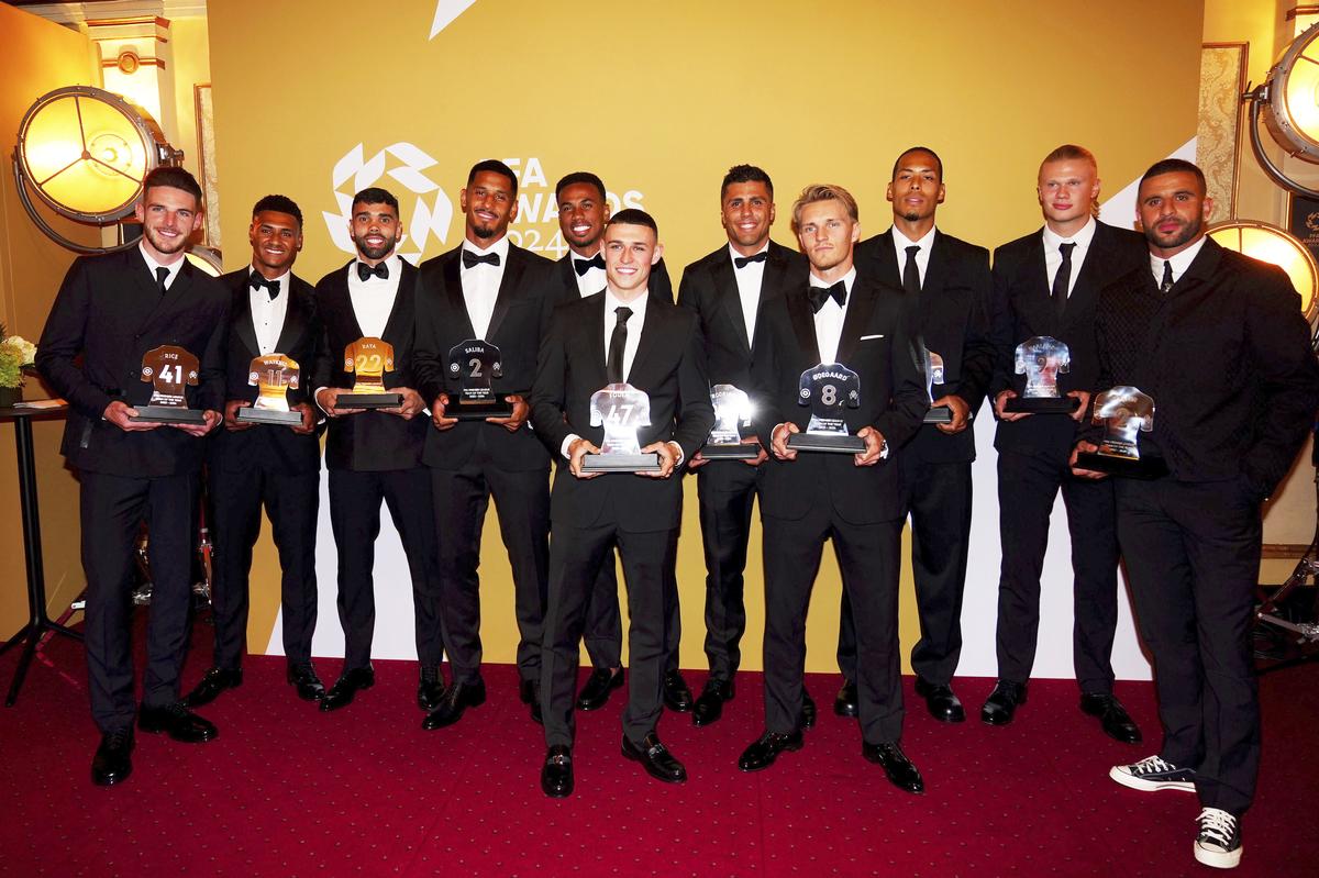 Premier League team of the year winners (left to right) Declan Rice, Ollie Watkins, David Raya, William Saliba, Gabriel, Phil Foden, Rodri, Martin Odegaard, Virgil van Dijk, Erling Haaland and Kyle Walker