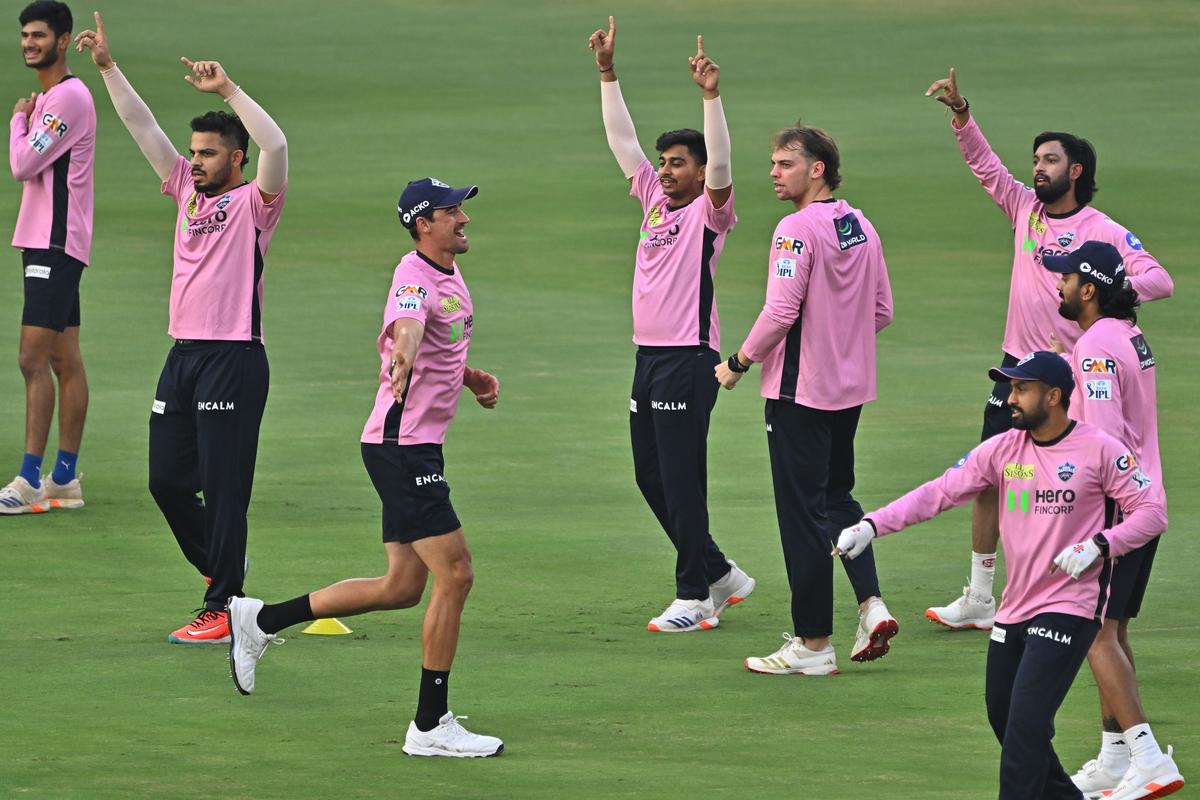 Delhi Capitals players at a practice session ahead of the IPL 2025 match against Sunrisers Hyderabad at the Rajiv Gandhi International Cricket Stadium in Hyderabad. 