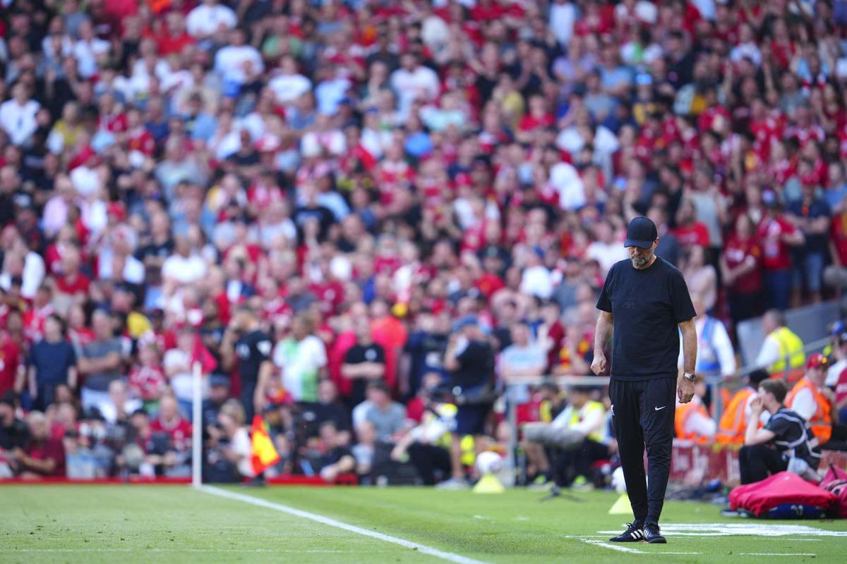 Liverpool’s manager Jurgen Klopp reacts during the English Premier League soccer match between Liverpool and Wolverhampton Wanderers at Anfield Stadium in Liverpool, on May 19, 2024. 