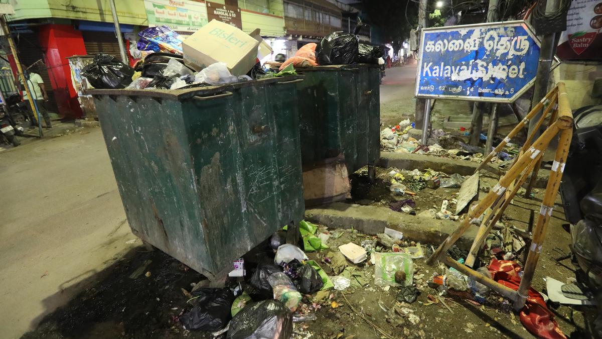 Carelessly placed bins add to a traffic problem on Arunachalam Street