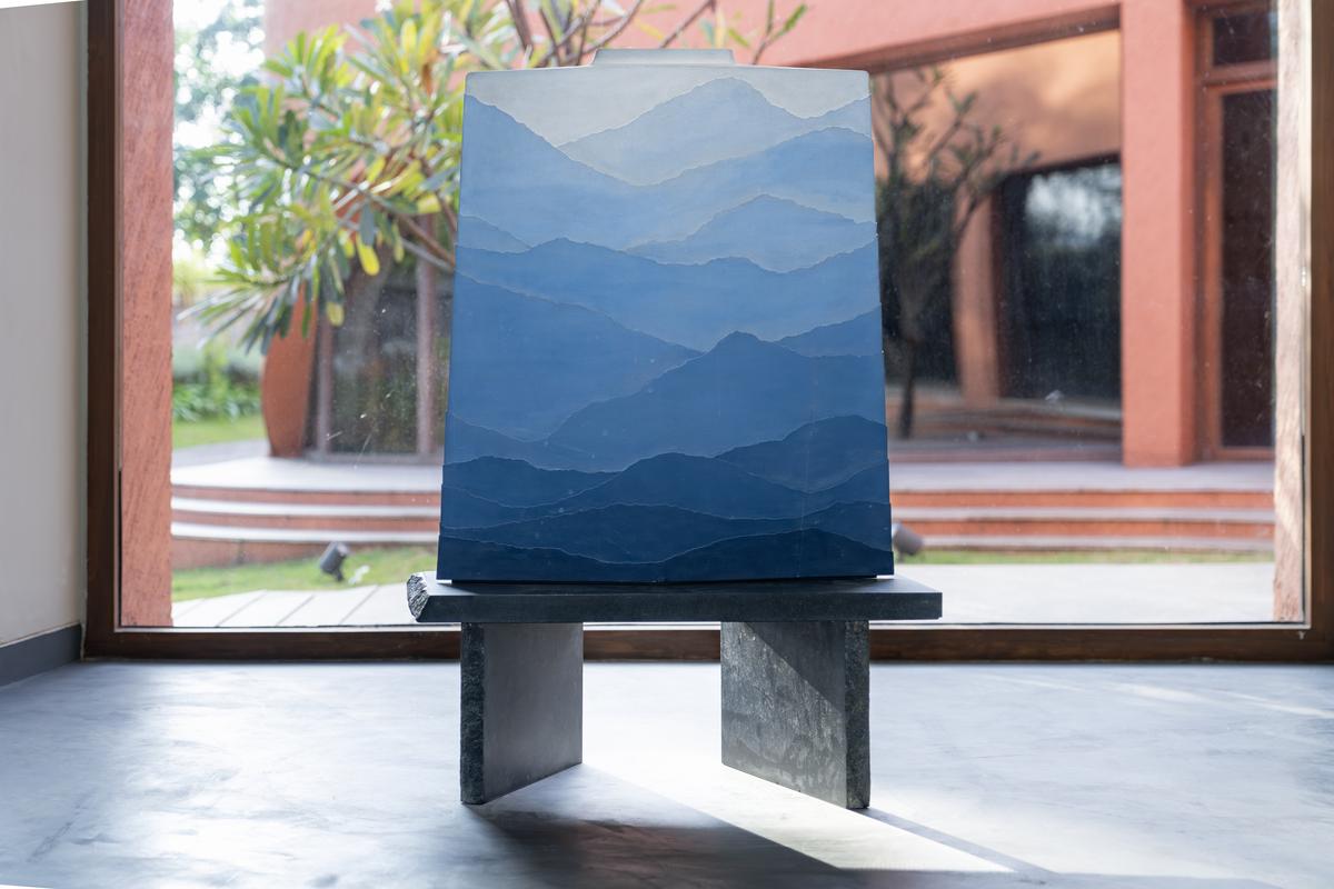 Container, a vase made of western Indian limestone and painted with natural indigo dyes