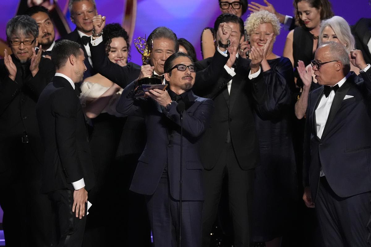 Justin Marks, left center, and Hiroyuki Sanada, center right, and the team from ‘Shogun’ accepts the award for outstanding drama series during the 76th Primetime Emmy Awards