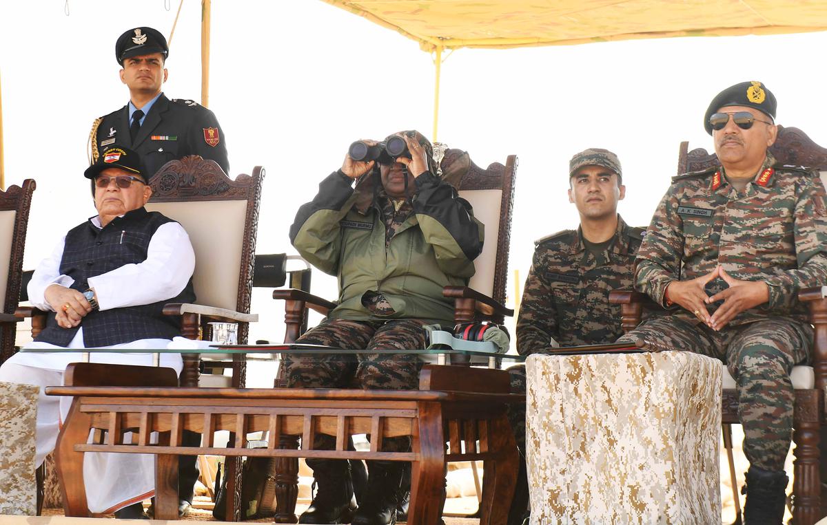  President Droupadi Murmu witnessed the Integrated Fire Power exercise conducted by Indian Army, in Pokhran on Saturday. Rajasthan Governor Kalraj Mishra also seen.  