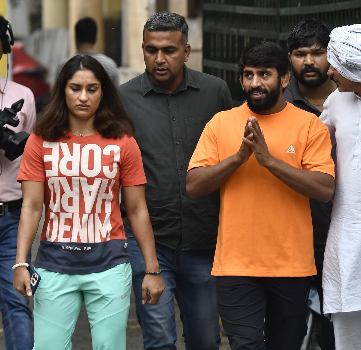 Bajrang Punia with Vinesh Phogat at the protest site against the president of Wrestling Federation of India Brij Bhushan Sharan Singh, at Jantar Mantar in New Delhi on Sunday morning, April 30, 2023. 