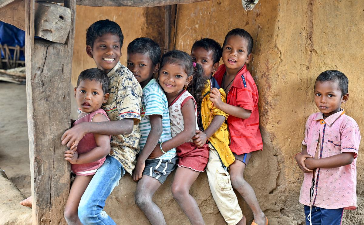 A group of children playing at an interior tribal hamlet in Ananthagiri mandal of Alluri Sitharama Raju district.