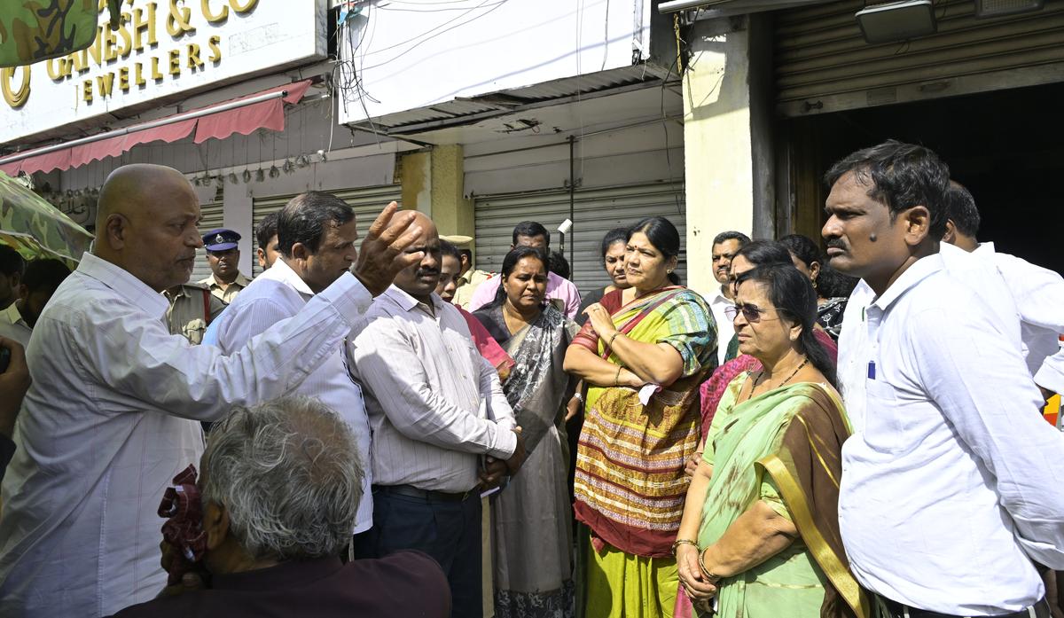Telangana State Commission for Protection of Child Rights chairperson Kothakota Seetha Dayakar Reddy, along with her colleagues, inspecting the site of the Gulzar Houz fire which claimed the lives of 17 of a family, including eight children. 