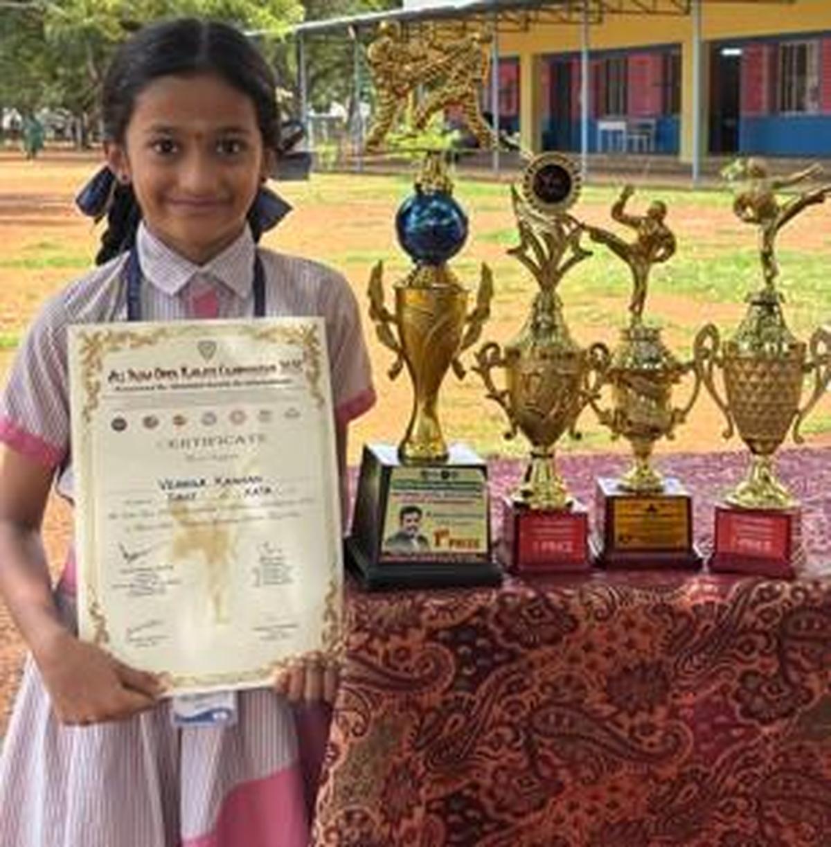 Student Vennila Kannan from Alagappa Girls School who won gold in Katta at the All India Open Karate Championship 2025. Student Vennila Kannan from Alagappa Girls School who won gold in Katta at the All India Open Karate Championship 2025.