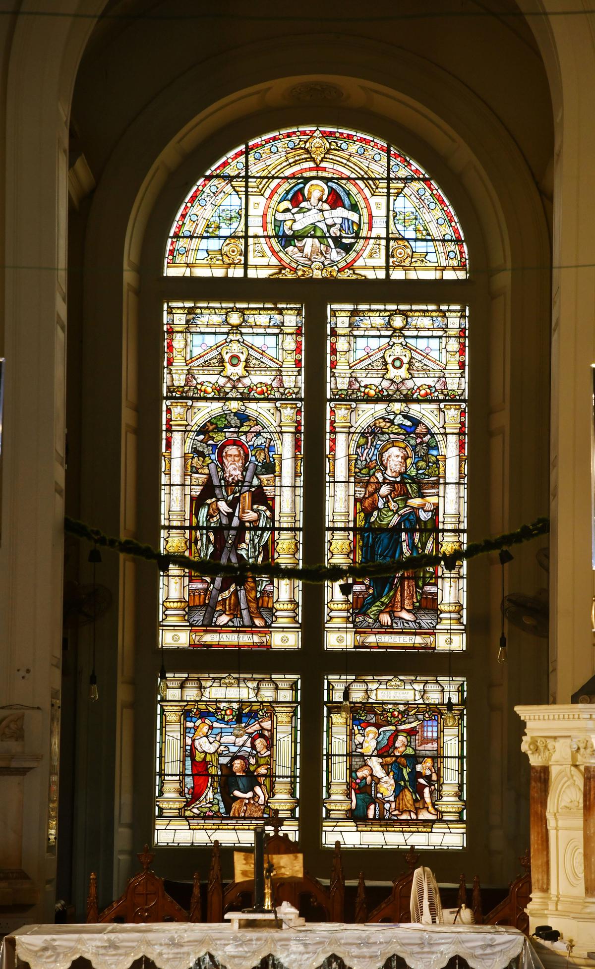 Stained glass window at St Andrews designed to serve the Scottish community at The Kirk, Egmore, Chennai.  The church was consecrated in 1821, and is one of the oldest churches in Chennai.