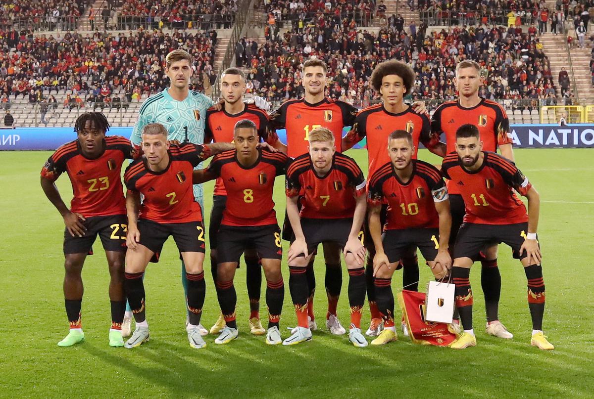 Belgium players pose for a team group photo before a match