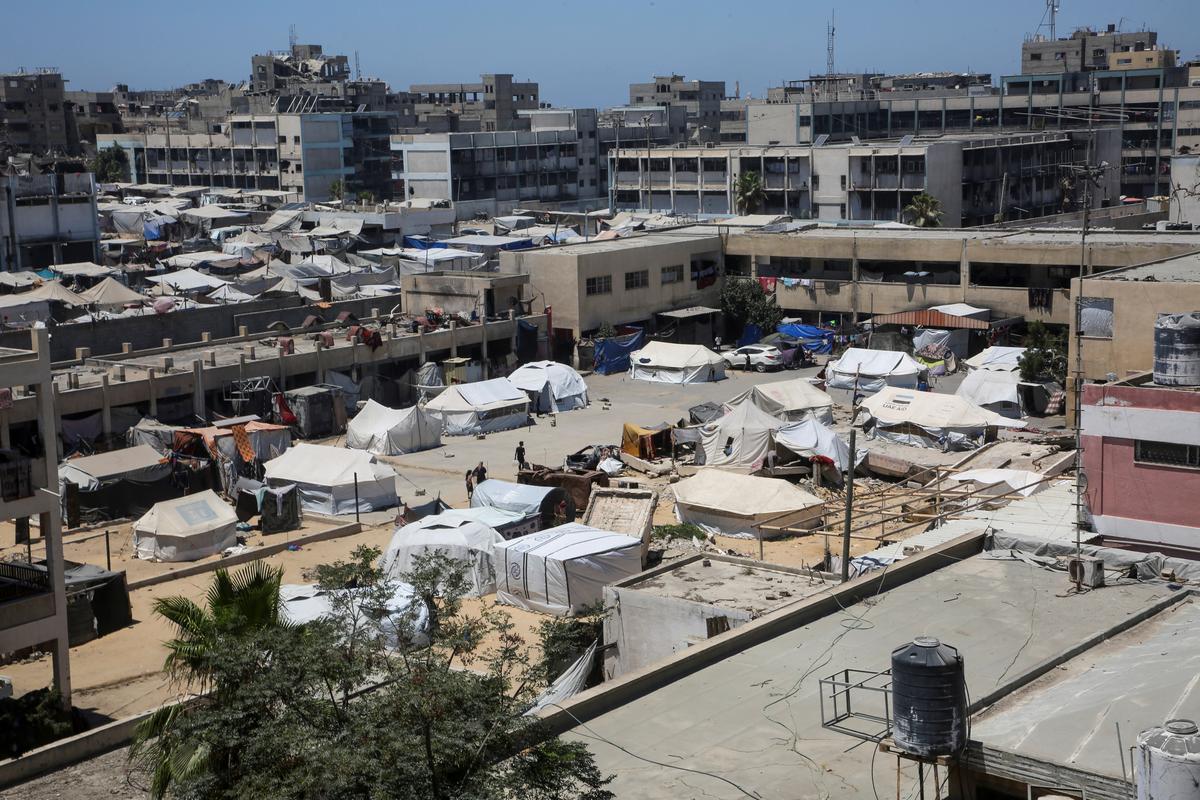 Displaced Palestinians shelter in a tent encampment, in Khan Younis in the southern Gaza Strip July 9, 2025. 