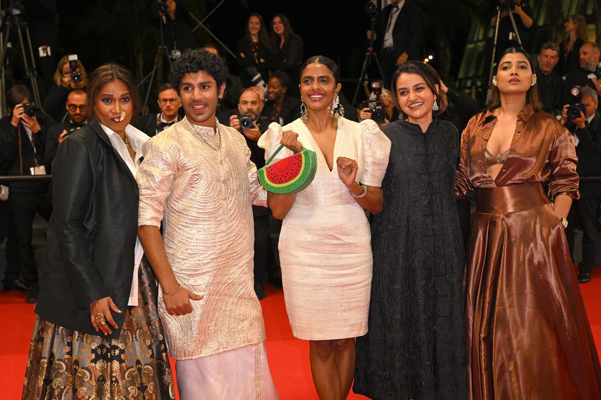 Chhaya Kadam, Hridhu Haroon, Kani Kusruti, Payal Kapadia and Divya Prabha attend the ‘All We Imagine As Light’ red carpet at the 77th annual Cannes Film Festival at Palais des Festivals on May 23, 2024 in Cannes, France