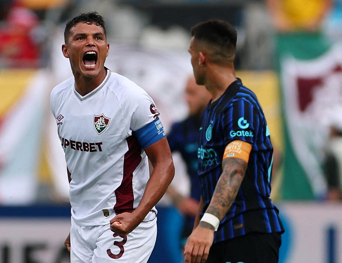 Fluminense’s Thiago Silva celebrates after Hercules scores their second goal as Inter Milan’s Lautaro Martinez looks on