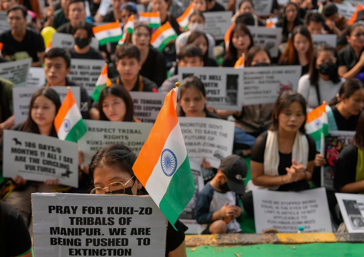 People from Manipur stage a protest against the ethnic violence in the State, at Jantar Mantar in New Delhi.