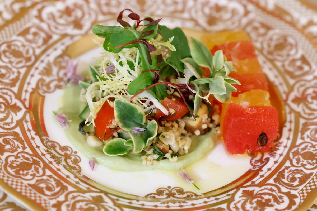 Marinated millet and grilled corn kernel salad with compressed watermelon and avocado sauce, served as part of the first course, at the White House State dinner for PM Modi.