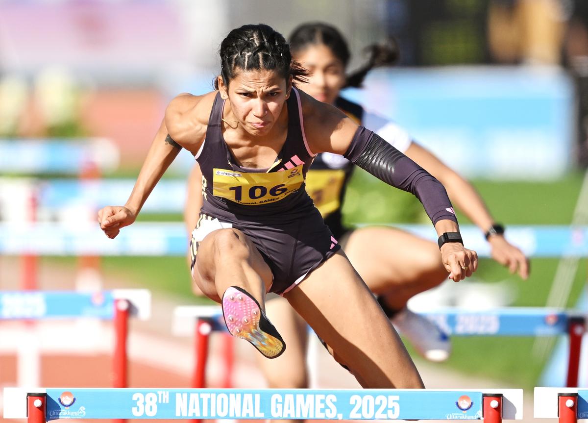 Andhra Pradesh’s Jyothi Yarraji (106) broke her own  women’s 100m hurdles record on her way to gold at the 38th National Games in Dehradun on Sunday, 09 February 2025. 