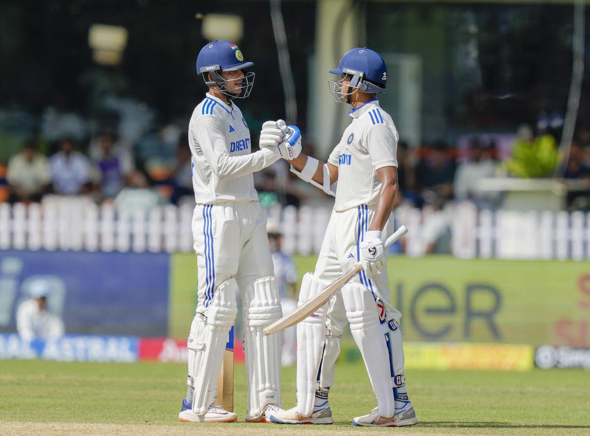 Yashasvi Jaiswal being greeted by teammate Shubman Gill on day 4 of the second Test against Bangladesh in Kanpur on September 30, 2024.