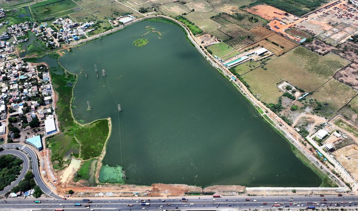 A view of the Retteri lake, which covers 5.42-million square feet, in Chennai on Tuesday, A view of the Retteri lake, which covers 5.42-million square feet, in Chennai on Tuesday,