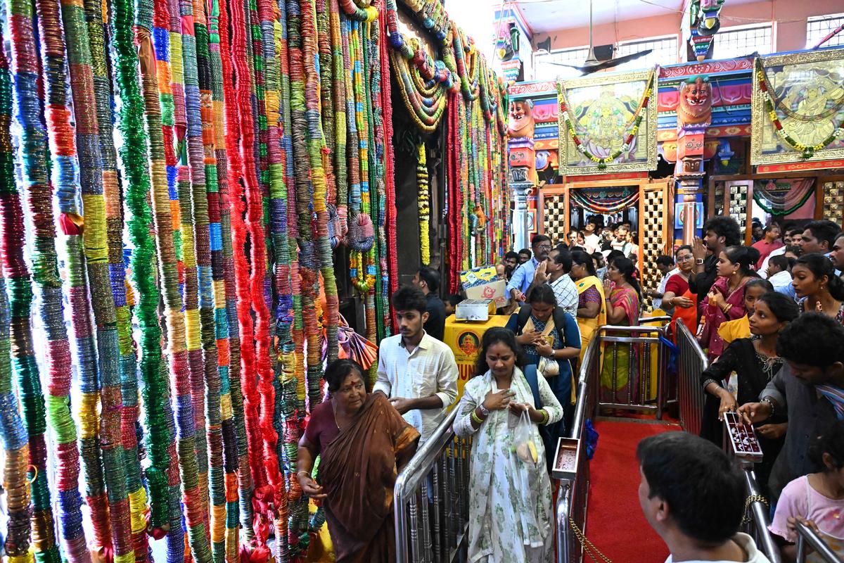 Devotees at the Kanaka Durga temple in Vijayawada on Sunday. 