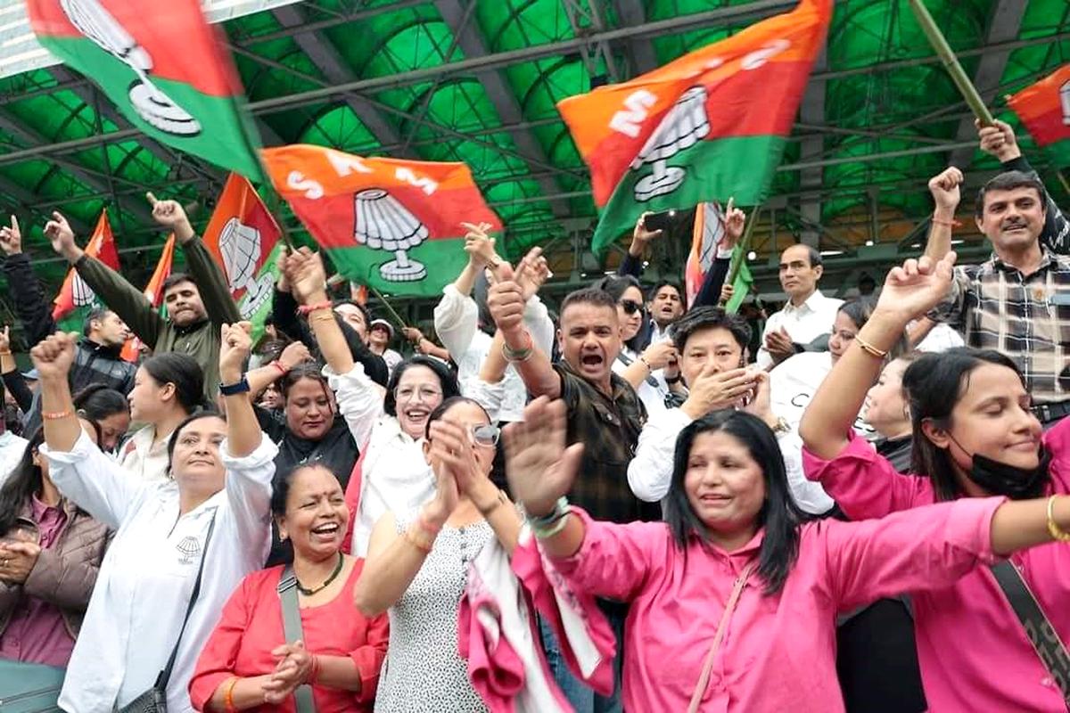 Sikkim Krantikari Morcha (SKM) supporters celebrated after the party’s victory in the State Assembly elections, in Gangtok.