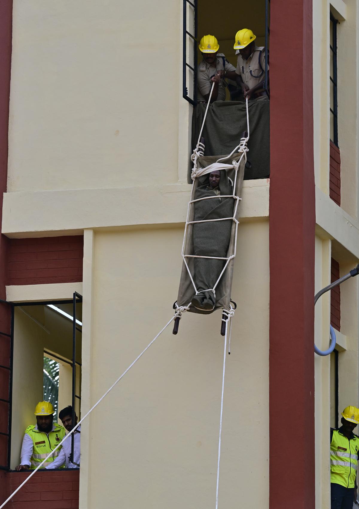 A rescue drill under way as part of ‘Operation Abhyaas’ at Karnataka State Fire and Emergency Services at Ulsoor in Bengaluru on Wednesday.