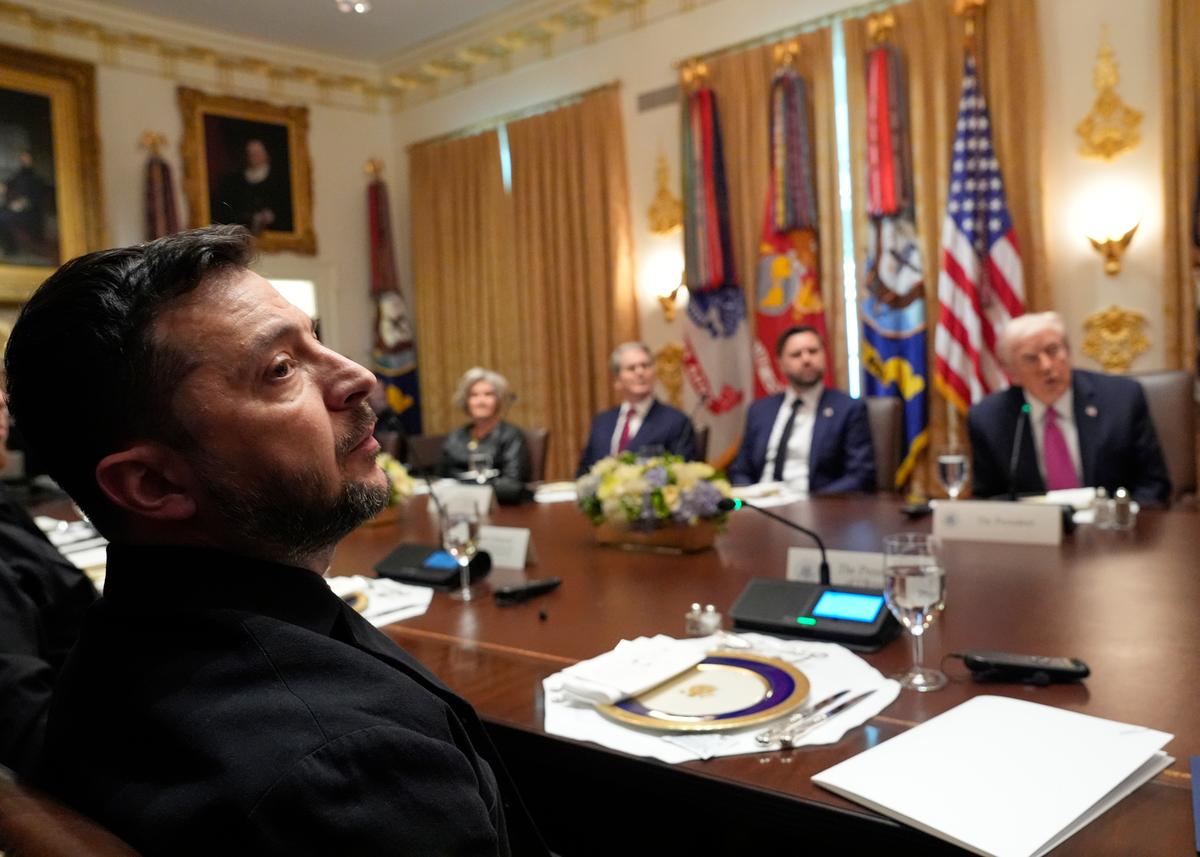 President Donald Trump speaks before a lunch with Ukraine’s President Volodymyr Zelenskyy as White House Chief of Staff Susie Wiles, Treasury Secretary Scott Bessent and Vice President JD Vance listen in the Cabinet Room of the White House.