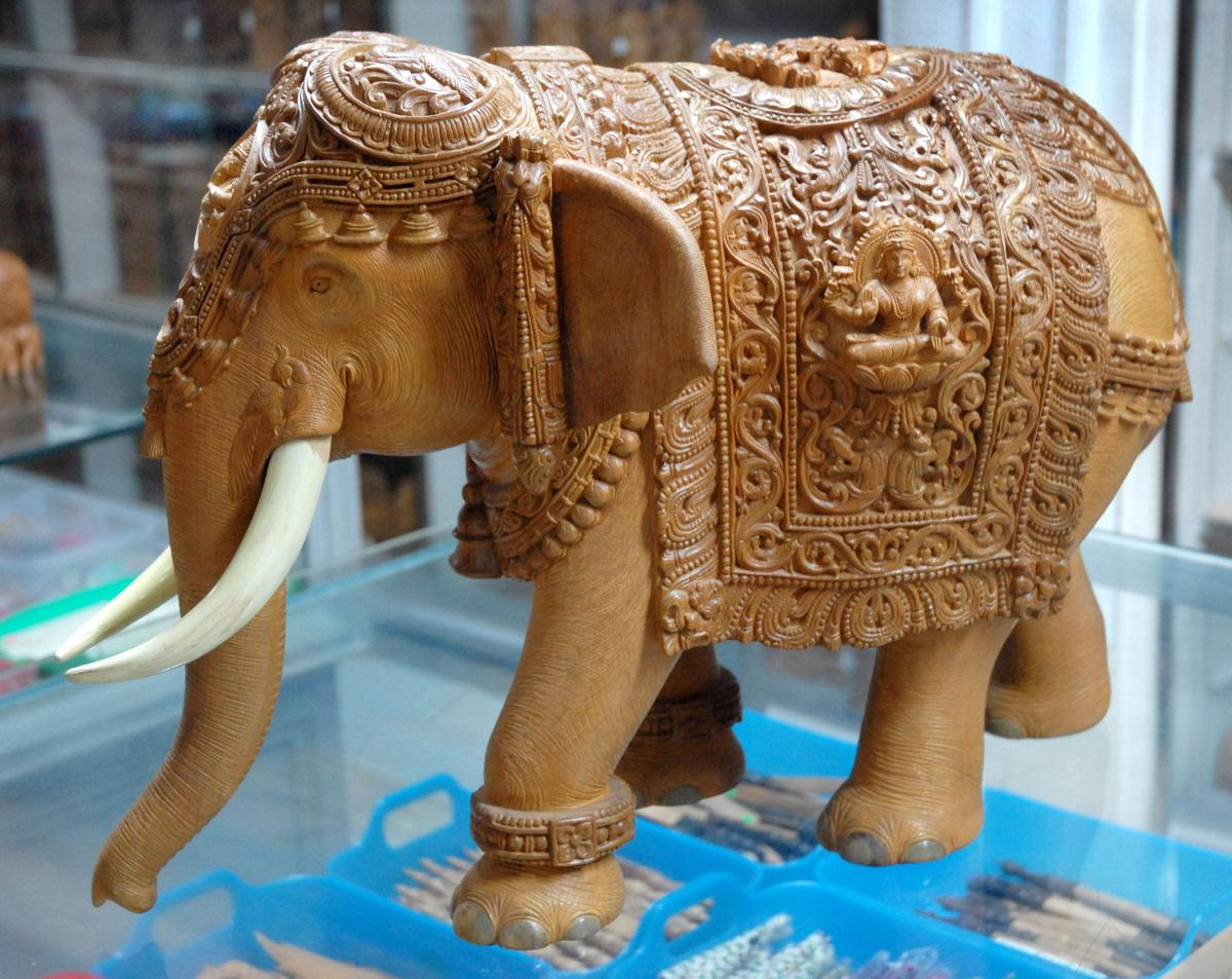 Intricate artwork on an elephant made of sandalwood 