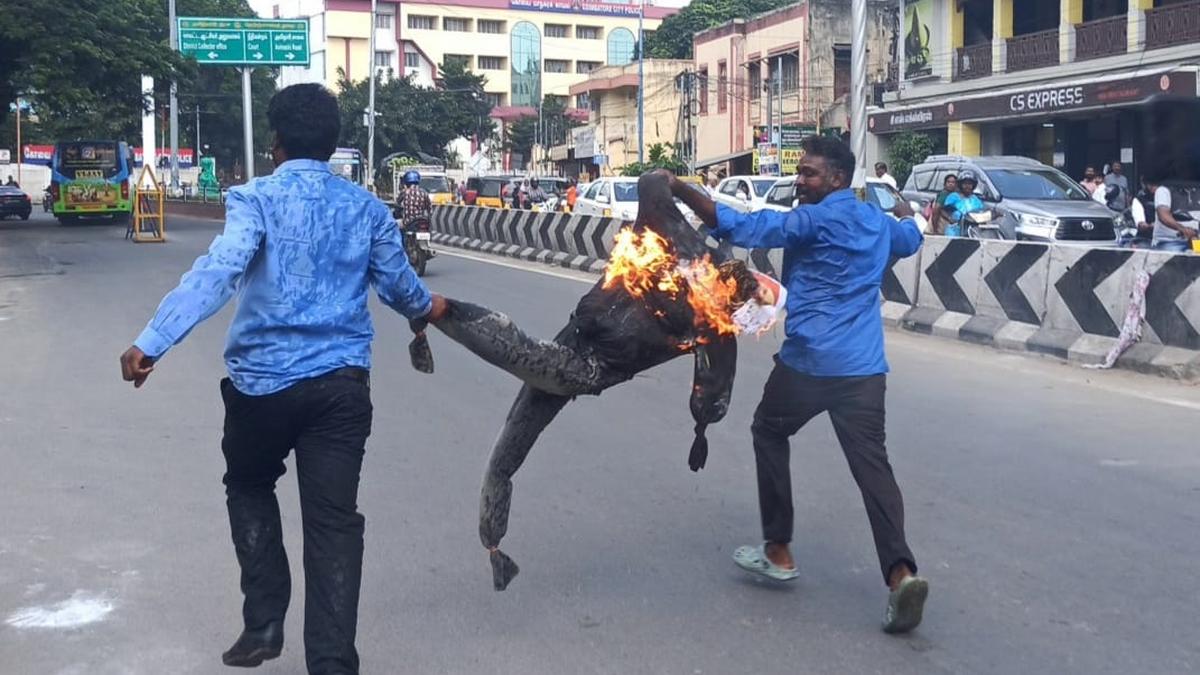 Protests against Amit Shah’s remarks on Ambedkar in Coimbatore; effigies burnt