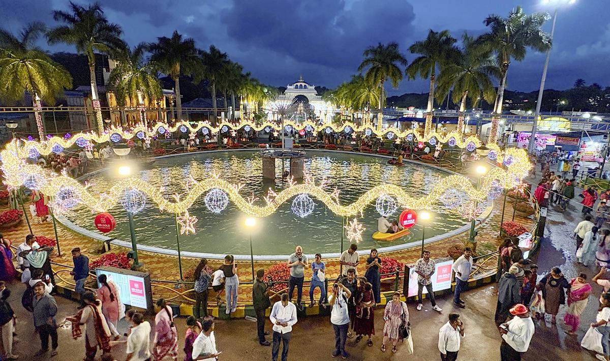 An illuminated water pond in Mysuru in 2024. 