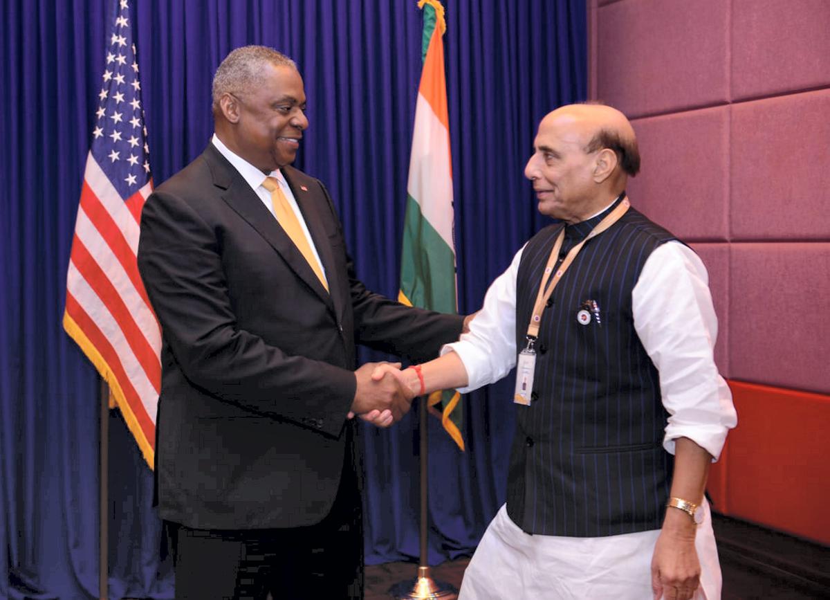 Defence Minister Rajnath Singh with U.S. Secretary of Defence Lloyd J. Austin during a meeting, in Siem Reap, Cambodia.