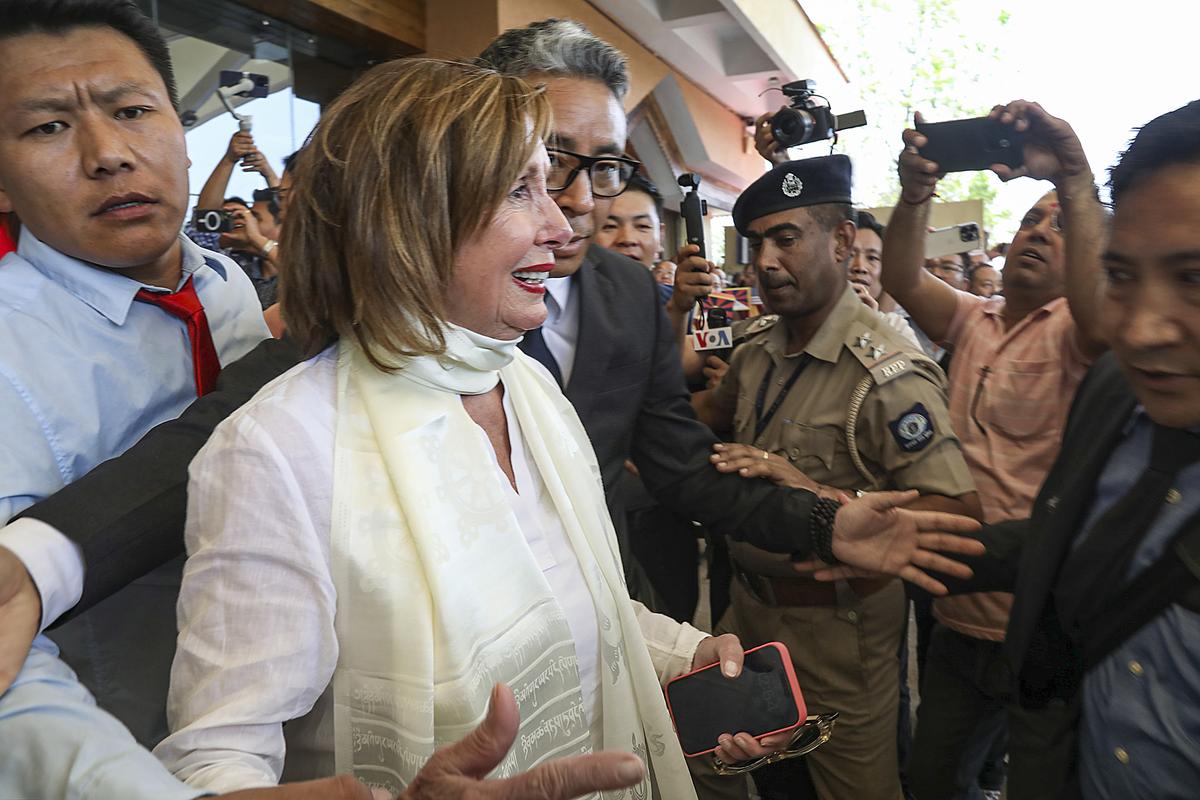 Former U.S. House Speaker Nancy Pelosi upon her arrival at the Kangra Airport, in Dharamshala on June 18, 2024. 