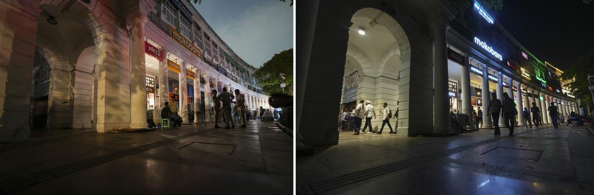 View of a block at Connaught Place during the blackout as seen on the left and before the same as seen on the right, as part of a nationwide civil defence mock drill, “Operation Abhyaas”, in New Delhi View of a block at Connaught Place during the blackout as seen on the left and before the same as seen on the right, as part of a nationwide civil defence mock drill, “Operation Abhyaas”, in New Delhi