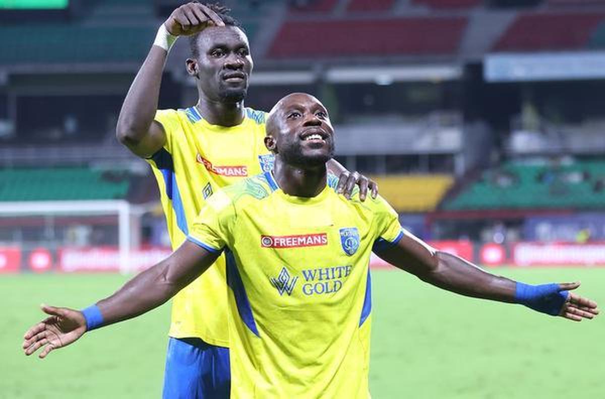 Kevin Yoke of Kerala Blasters FC celebrates after scoring against FC Goa in the Indian Super League  football at Kochi on Monday, May 18, 2026.