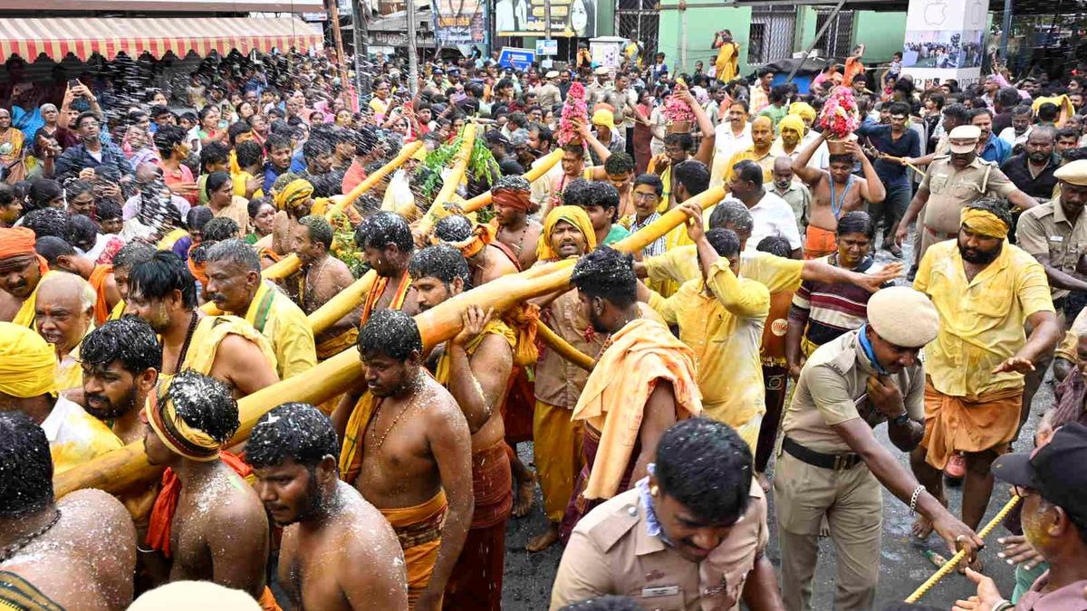 Sacred kambams taken in procession, immersed at Karai Vaikkal in Erode