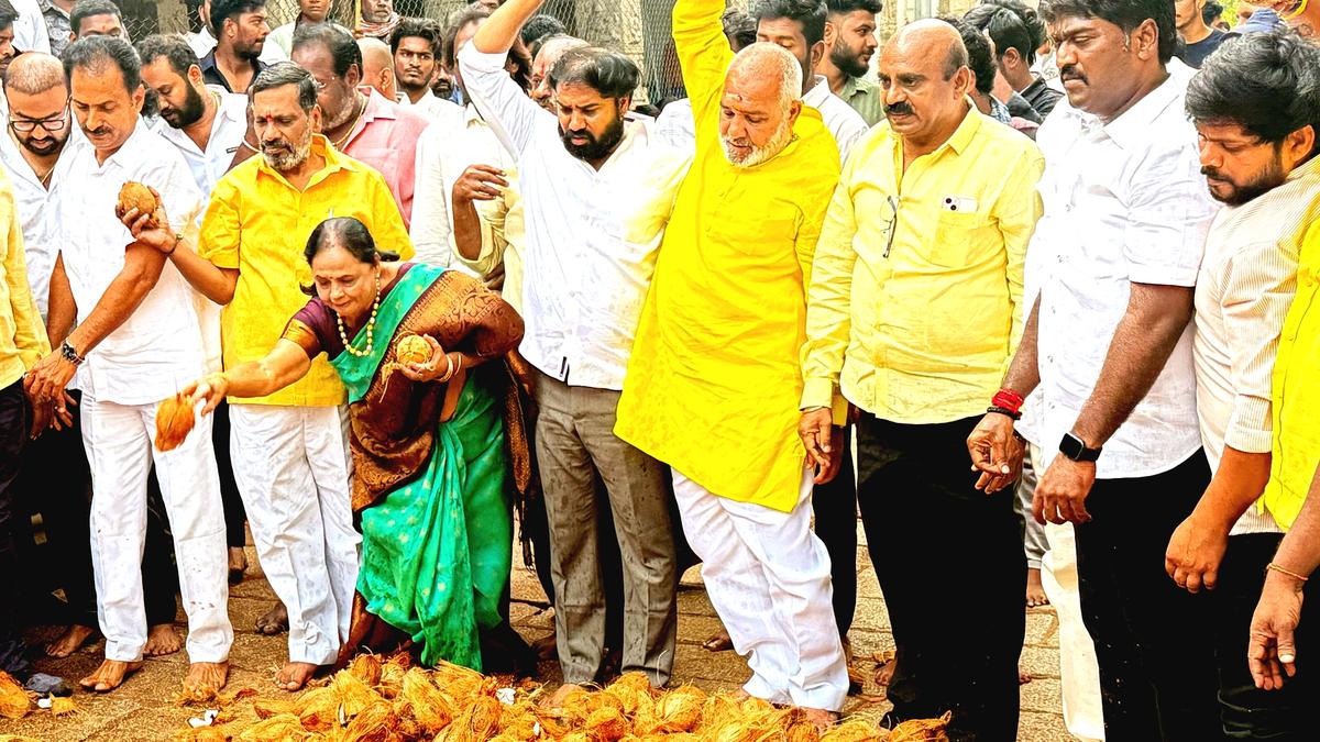 Naidu at 75: TDP leaders break coconuts at Alipiri