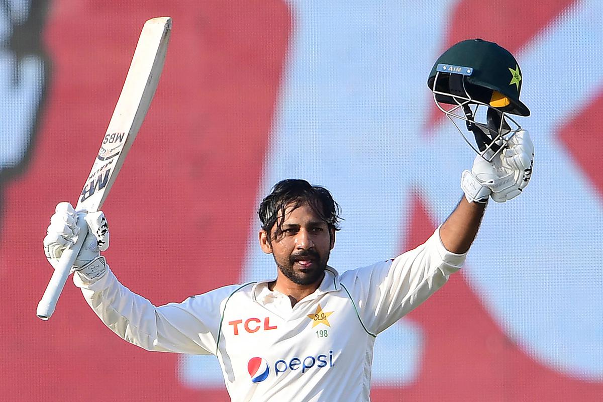 Pakistan’s Sarfaraz Ahmed celebrates after scoring a century on the final day of the second Test against New Zealand in Karachi on January 6, 2023. 
