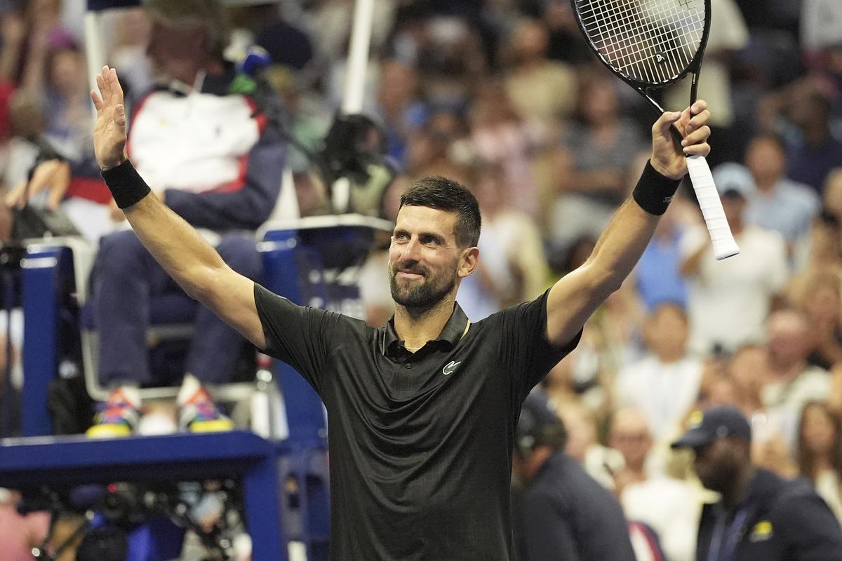 Serbia’s Novak Djokovic celebrates his first round win at the U.S. Open tennis championship on August 24, 2025.