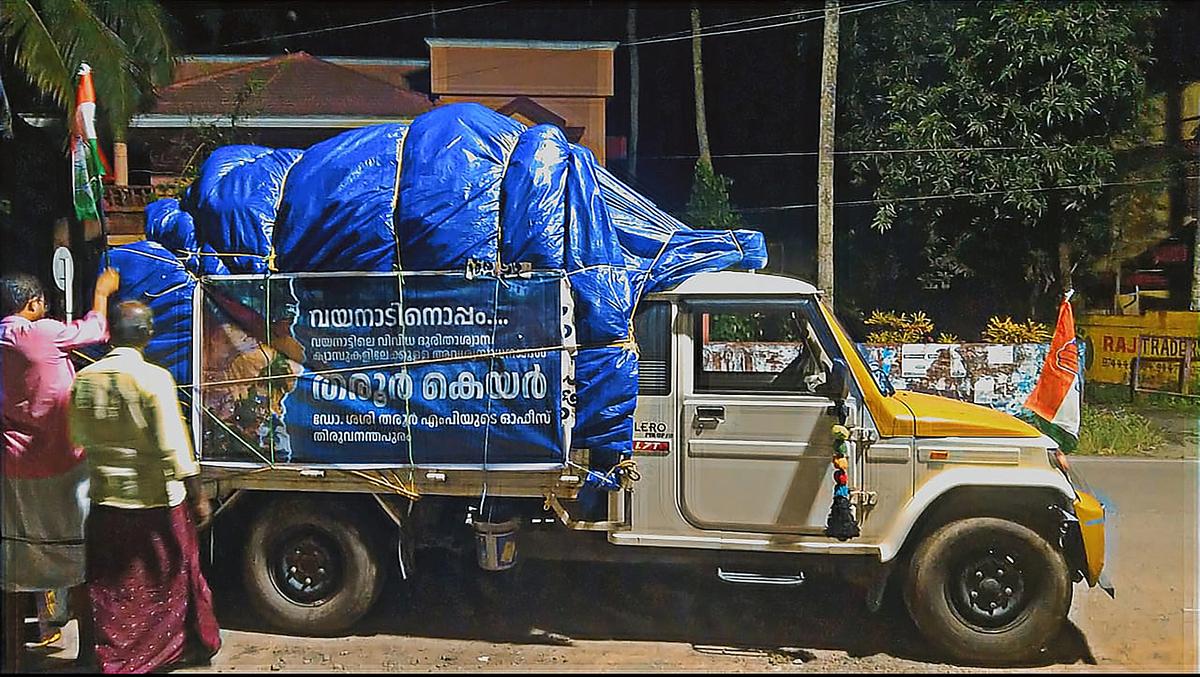 Relief materials from Thiruvananthapuram were collected at MP Shashi Tharoor's office