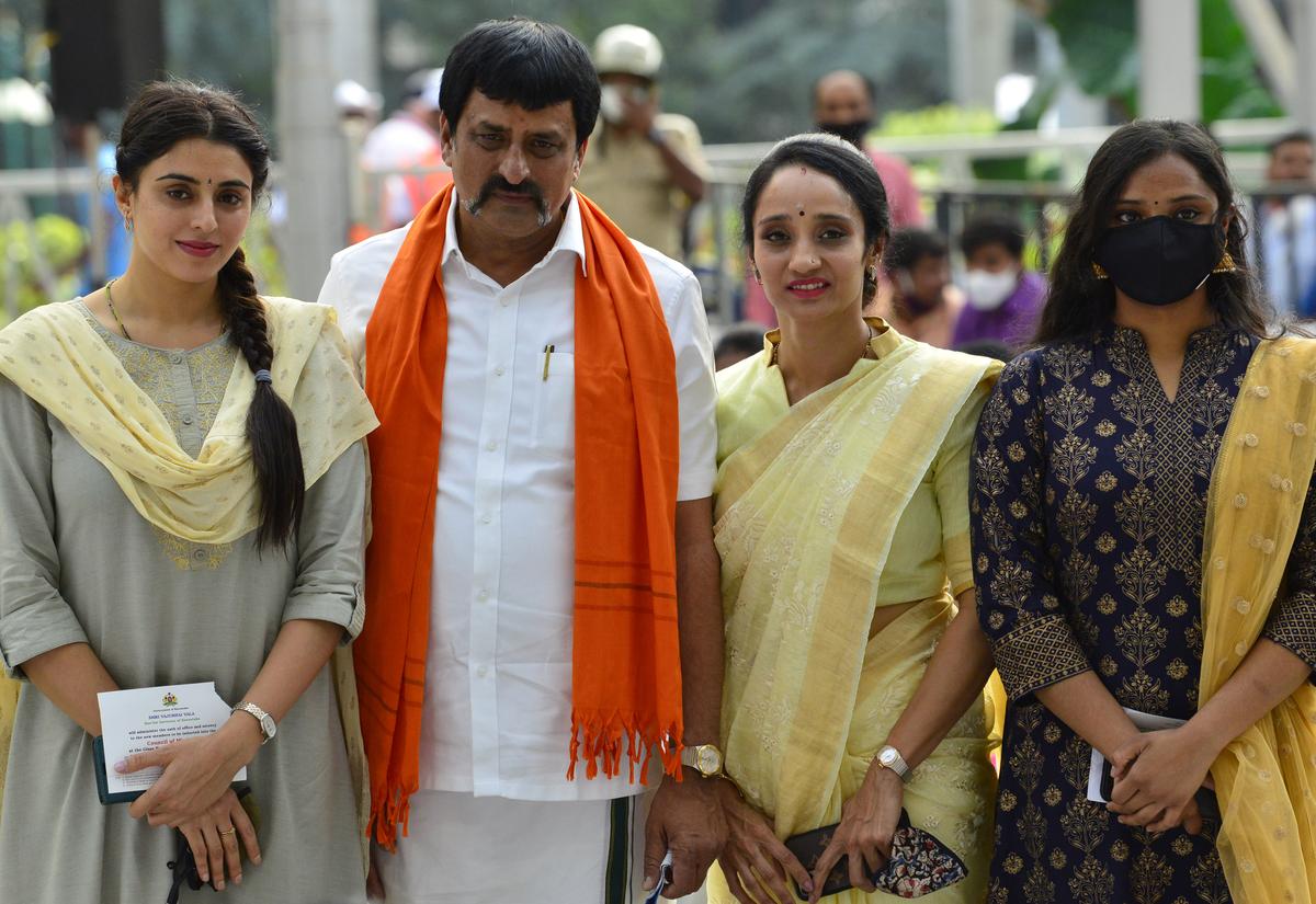 C. P. Yogeshwar poses with his family members when he was made Minister for Tourism, Ecology, and Environment in the BJP government led by B.S. Yediyurappa, in Bengaluru on January 13, 2021.  