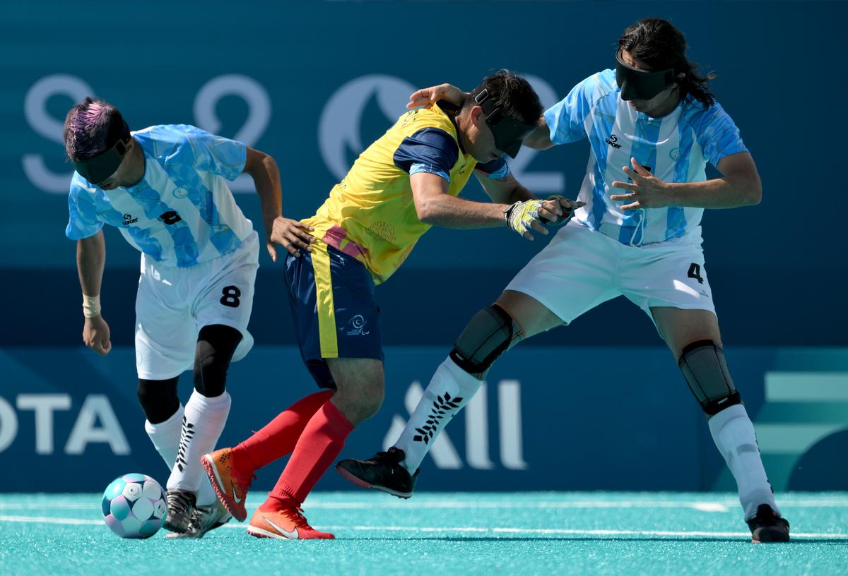 A blind football men’s preliminary Group B match between Argentina and Colombia in progress at the Paralympic Games 2024, in Paris on September 2, 2024.