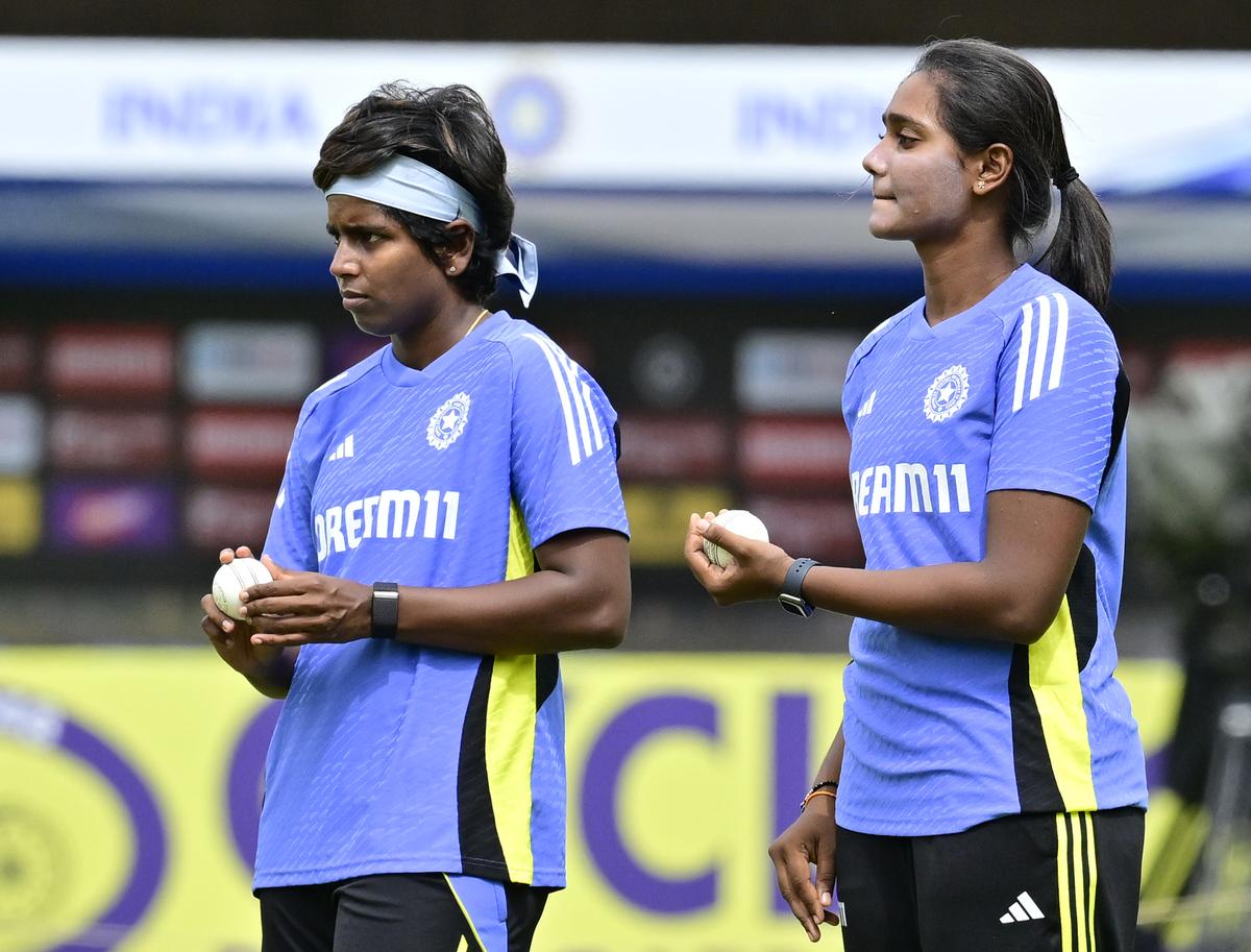 India’s Shabnam Shakil and Arundhati Reddy at a training session ahead of the third ODI against South Africa, at the M Chinnaswamy stadium, in Bengluru, on June 22, 2024.    