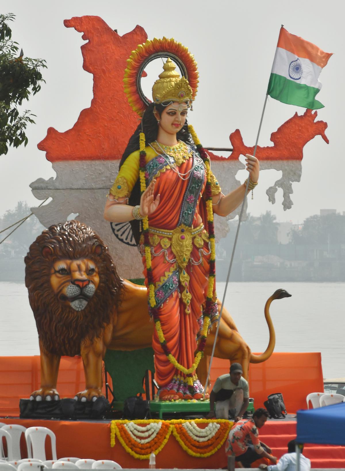 A statue of ‘Bharat Mata’, near Hussain Sagar in Hyderabad on Friday.