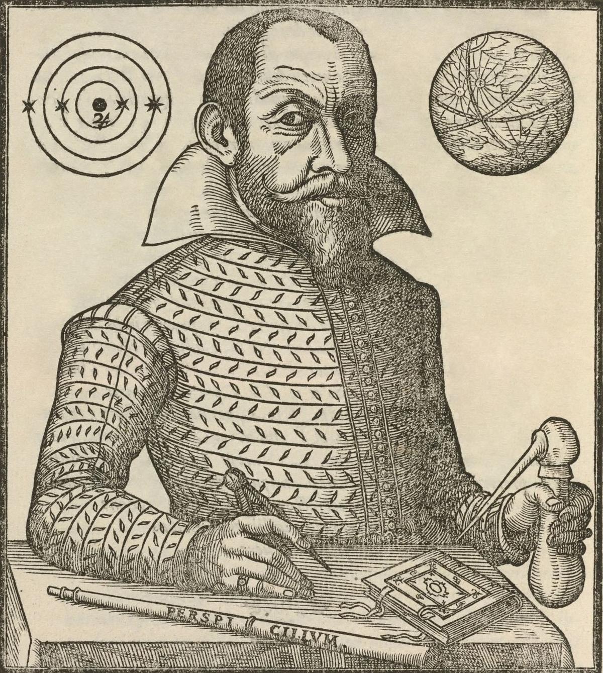 This portrait of Marius appeared as a frontispiece (illustration facing the title page of a book) to the Mundus Iovialis. In addition to containing the first printed image of a telescope, it also shows Jupiter’s moons in orbit around the planet – something that Galileo didn’t include in his book. 