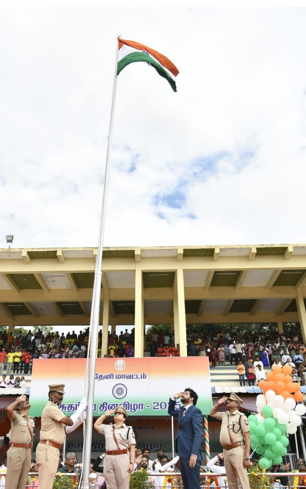 Collector Ranjeet Singh salutes the national flag during the Independence Day celebrations held in Theni on Friday.