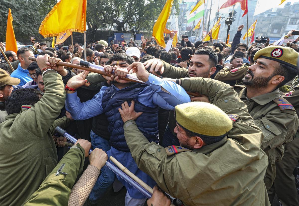 thehindu.com - Pti - Protests outside Lok Bhavan in Jammu, LG's effigy burnt over medical college admission row
