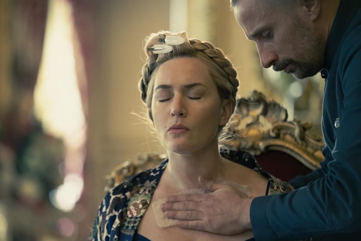 This image released by HBO shows Kate Winslet, left, and Matthias Schoenaerts in a scene from ‘The Regime’