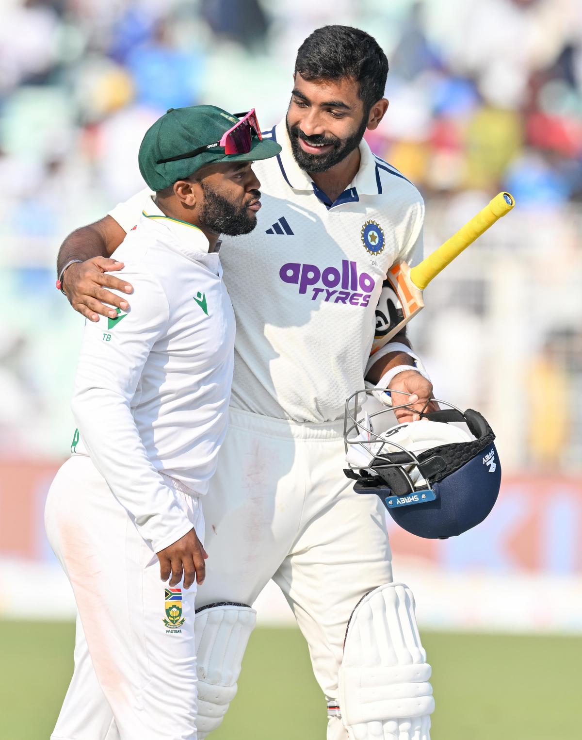 India's Jasprit Bumrah speaks to South Africa's Temba Bavuma. India's Jasprit Bumrah speaks to South Africa's Temba Bavuma.