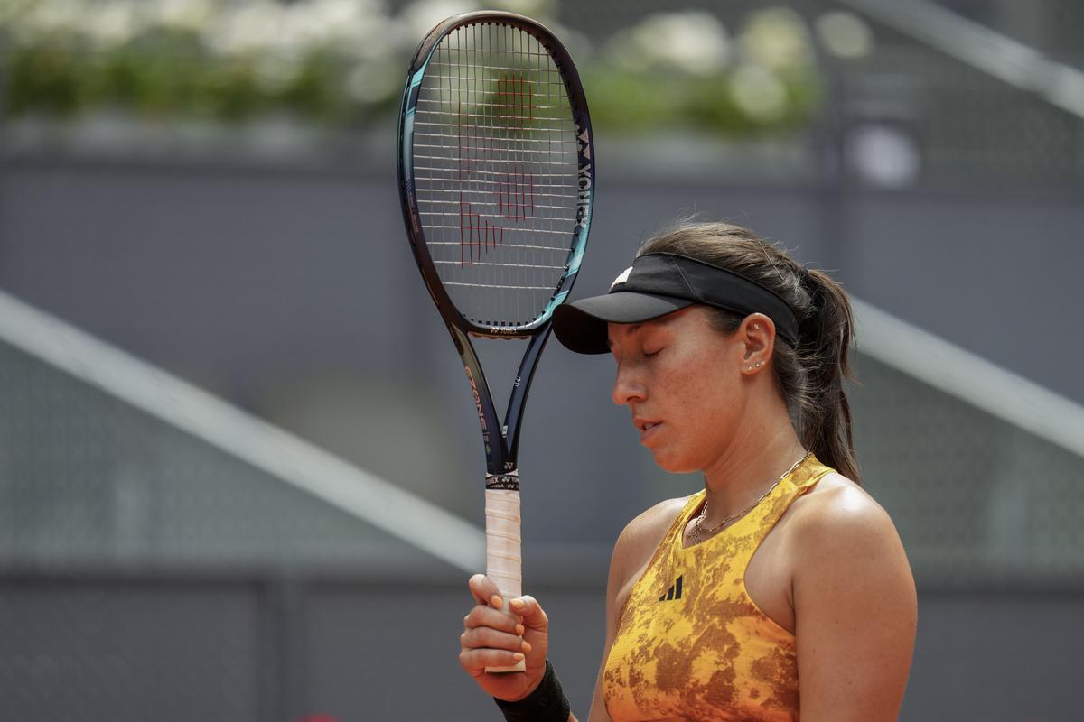 Jessica Pegula of the U.S. reacts against Russia’s Veronika Kudermetova during their match at the Madrid Open tennis tournament in Madrid, Spain, Wednesday, May 3, 2023. 