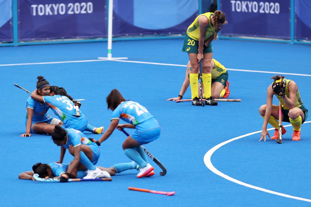 Indian women hockey team celebrate their win over Australia during the Tokyo 2020 Olympic Games at Oi Hockey Stadium on August 2, 2021 in Tokyo